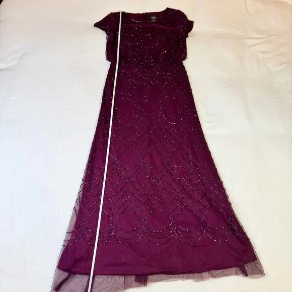 Adrianna Papell Beaded Sheer Overlay Evening Gown Cassis Wine Burgundy Women’s 6 - Picture 7 of 16